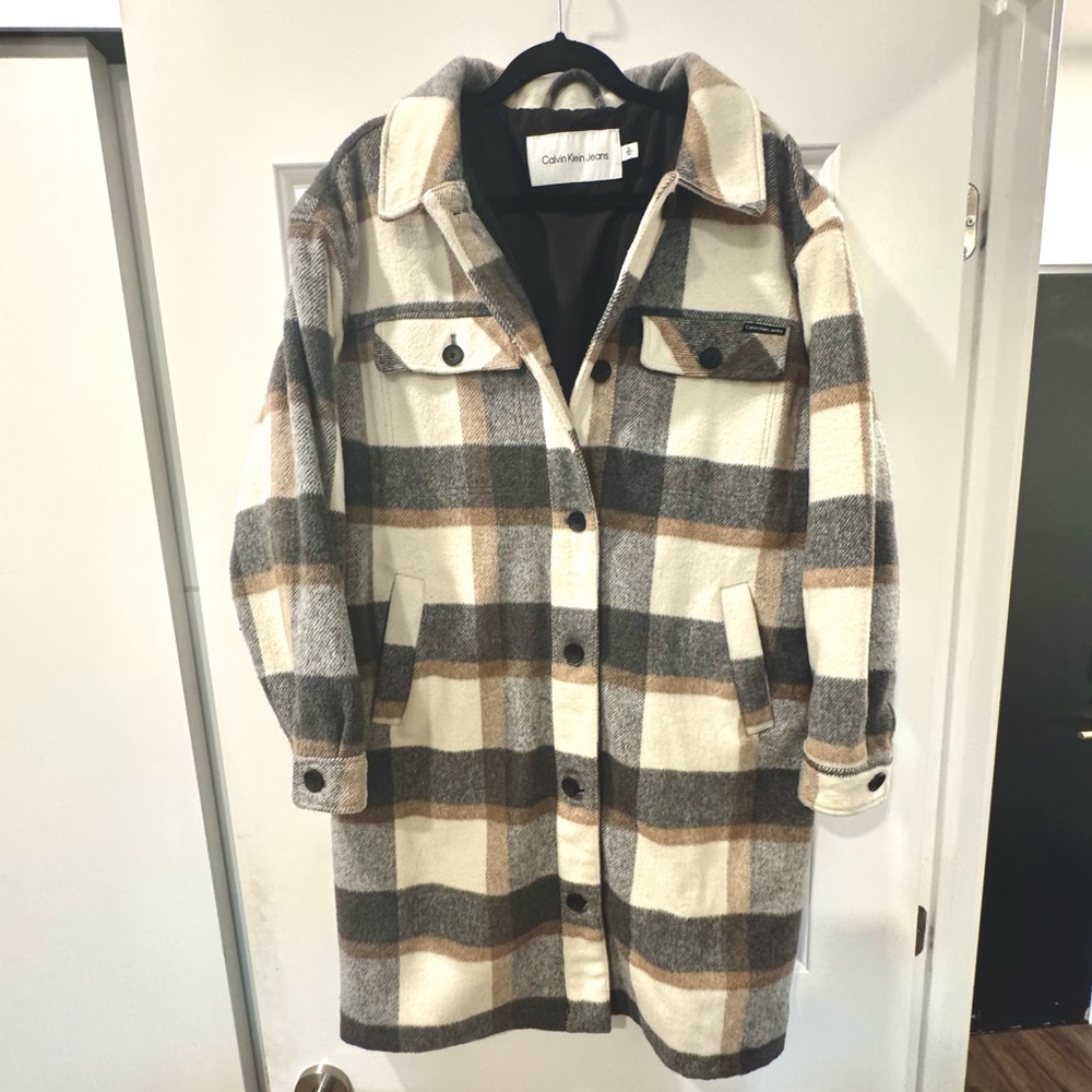 Calvin Klein Checkered Wool Blend Coat in Cream, Gray, and Tan